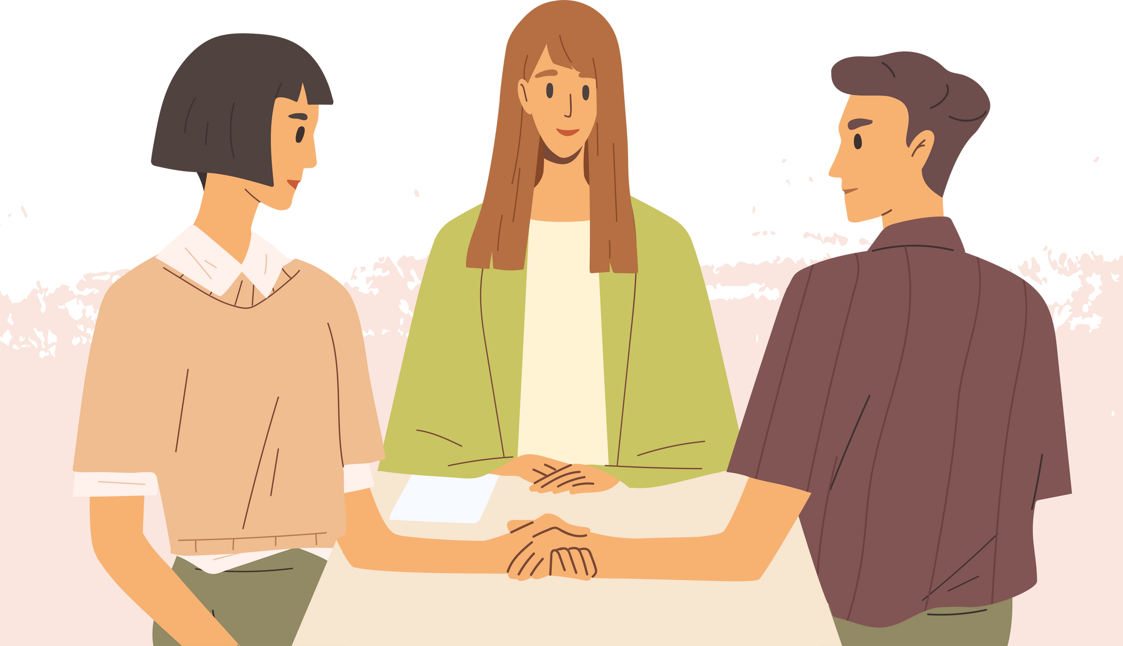 Concept of mediation. Man and woman sitting at desk, discussing problem, finding solution. Partners negotiation process with impartial arbitration. Vector illustration in flat cartoon style
