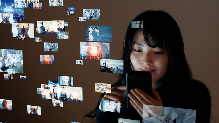 Visual contents concept. Social networking service. Streaming video. communication network.